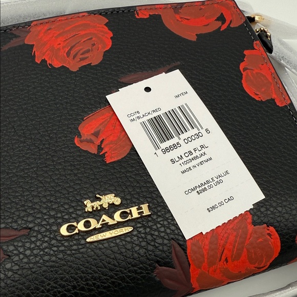 Coach Slim Crossbody Bag With Floral Print Black Red - Picture 8 of 15